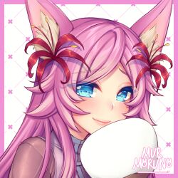Rule 34 | 1girl, animal ears, artist name, blue eyes, blush, closed mouth, commission, flower, fox ears, fox girl, hair flower, hair ornament, hand fan, highres, holding, holding fan, long hair, looking at viewer, murmoruno, original, pink hair, smile, solo, upper body