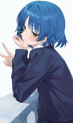 Rule 34 | 1girl, blue hair, blue suit, bocchi the rock!, closed mouth, formal, hachinatsu, highres, long sleeves, looking at viewer, mole, mole under eye, short hair, simple background, solo, suit, v, white background, yamada ryo, yellow eyes