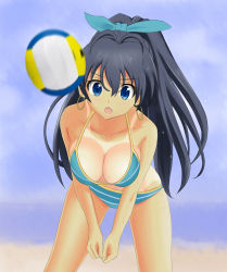 Rule 34 | 1girl, antenna hair, ball, beach, beach volleyball, bikini, black hair, blue eyes, breasts, cleavage, day, earrings, fang, ganaha hibiki, high ponytail, idolmaster, idolmaster (classic), jewelry, large breasts, long hair, ocean, ponytail, ribbon, solo, super freedam, swimsuit, tan, tanline, volleyball, volleyball (object)