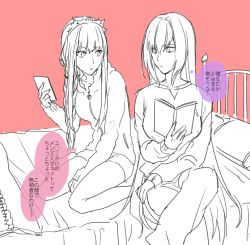 Rule 34 | 2girls, alternate hairstyle, bed frame, blanket, book, braid, crossed legs, fate/grand order, fate (series), holding, holding book, holding phone, limited palette, long hair, long sleeves, looking at another, medb (fate), multiple girls, on bed, phone, pillow, red background, scathach (fate), single braid, sitting, takamura yue, thought bubble, tiara, translation request