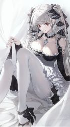 Rule 34 | 1girl, azur lane, between breasts, black dress, breasts, clothing cutout, dress, formidable (azur lane), frilled dress, frills, grey hair, highres, large breasts, long hair, long sleeves, looking at viewer, matsogum, nail polish, necktie, necktie between breasts, red eyes, shoulder cutout, sitting, solo, thighhighs, twintails
