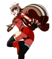Rule 34 | 1girl, :o, ahoge, animal ears, arc system works, ass, black gloves, black panties, black thighhighs, blazblue, blazblue: continuum shift, blush, breasts, brown eyes, brown hair, colored tips, dual wielding, fingerless gloves, gloves, holding, large breasts, looking back, makoto nanaya, microskirt, midriff, multicolored hair, open mouth, orange skirt, panties, pantyshot, pencil skirt, revealing clothes, running, shoes, short hair, skirt, skirt set, solo, sonickymk2, squirrel ears, squirrel tail, standing, tail, thighhighs, tonfa, two-tone hair, underboob, underwear, upskirt, weapon, white hair