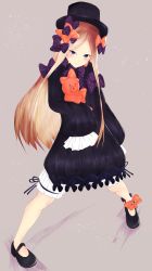 Rule 34 | abigail williams (fate), absurdres, artist request, bad id, bad pixiv id, black bow, black dress, black footwear, black hat, blonde hair, bloomers, blue eyes, bow, closed mouth, dress, fate/grand order, fate (series), forehead, grey background, hair bow, hat, highres, legs, long hair, orange bow, parted bangs, polka dot, polka dot bow, ribbed dress, simple background, sleeves past fingers, sleeves past wrists, smile, solo, stuffed animal, stuffed toy, teddy bear, underwear, white bloomers