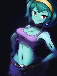 Rule 34 | 1girl, bare shoulders, black background, breasts, choker, cleavage, closed mouth, collarbone, colored skin, crop top, earrings, green hair, green skin, hairband, jewelry, looking at viewer, medium breasts, midriff, monster girl, navel, phiphi-au-thon, red eyes, rottytops, shantae (series), short hair, shorts, simple background, skull earrings, smile, solo, zombie