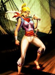 Rule 34 | 1girl, belt, blonde hair, female focus, full body, genzoman, nintendo, aged up, one eye closed, pirate, pointy ears, sandals, sash, ship, solo, sword, tetra, the legend of zelda, the legend of zelda: the wind waker, watercraft, weapon, wink