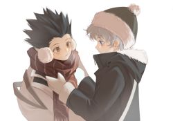 Rule 34 | 2boys, adjusting scarf, beanie, black coat, black hair, black headwear, blue eyes, blush, breath, brown eyes, coat, dressing another, earmuffs, feitian5575, gon freecss, grey hair, hat, highres, hunter x hunter, killua zoldyck, long sleeves, looking at another, looking away, male focus, mittens, multiple boys, parted lips, profile, red scarf, scarf, simple background, spiked hair, turtleneck, upper body, white background, white coat, winter clothes