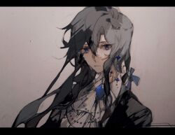 Rule 34 | 1boy, 89350495, black hair, black jacket, blue eyes, chinese commentary, commentary request, earrings, highres, jacket, jewelry, long hair, looking at viewer, lord of the mysteries, mr. door, necktie, shaded face, shirt, simple background, solo, white background, white necktie, white shirt