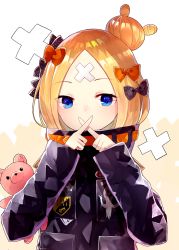 Rule 34 | 1girl, abigail williams (fate), abigail williams (traveling outfit) (fate), alternate hairstyle, bandaid, bandaid on face, bandaid on forehead, belt, black bow, black jacket, blonde hair, blue eyes, blush, bow, crossed fingers, fate/grand order, fate (series), forehead, hair bow, hair bun, high collar, jacket, long hair, looking at viewer, official alternate costume, orange bow, parted bangs, polka dot, polka dot bow, sakizaki saki-p, single hair bun, solo, stuffed animal, stuffed toy, teddy bear, white background, x, x fingers