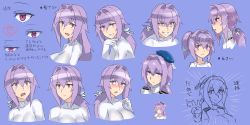 Rule 34 | 10s, 1girl, beret, blush, breasts, character sheet, expression chart, female admiral (kancolle), gloves, hat, highres, kantai collection, large breasts, long hair, low ponytail, mizuumi (bb), multiple views, open mouth, original, purple eyes, purple hair, smile, upper body, aged down