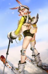 Rule 34 | 1girl, animal ears, ass, black shorts, blue sky, boots, clothing cutout, commentary request, day, from behind, goggles, goggles on head, grey hair, highres, liiko, long sleeves, looking at viewer, looking back, multicolored hair, orange hair, original, outdoors, red eyes, short shorts, shorts, shrug (clothing), ski boots, ski gear, ski goggles, ski pole, skiing, skis, sky, snow, solo, streaked hair, tail, tail through clothes, white footwear
