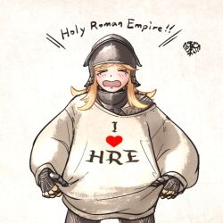 Rule 34 | &gt; &lt;, 1girl, armor, baggy clothes, blush, armor under clothes, clothes writing, commentary, english commentary, english text, full armor, gauntlets, perlweiss (ironlily), helm, helmet, ironlily, knight, long hair, medieval, open mouth, original, plate armor, sallet, solo, sweater, tears, white sweater