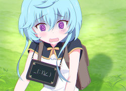 Rule 34 | 1girl, @ @, backpack, bag, black capelet, blue hair, capelet, commentary request, day, derivative work, grass, hair between eyes, lapis re:lights, long hair, maryberry, open mouth, outdoors, purple eyes, shirt, sign, sign around neck, sleeveless, sleeveless shirt, solo, turn pale, wavy mouth, white shirt, yutsuki warabi
