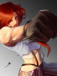 Rule 34 | 1girl, absurdres, black gloves, boxing, clenched hand, clenched hands, emphasis lines, fighting, gloves, highres, incoming attack, incoming punch, midriff, motion blur, navel, necktie, pants, pinstripe pants, pinstripe pattern, punching, red hair, sleeveless, snk, striped, suspenders, the king of fighters, the king of fighters xv, vanessa (kof)