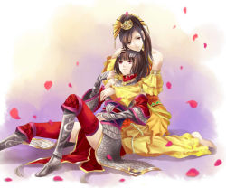 Rule 34 | 2girls, armor, bare shoulders, barefoot, black hair, brown eyes, chinese clothes, detached sleeves, hair ornament, hand on another&#039;s head, hug, hug from behind, kacyu, leaning back, light smile, multiple girls, original, petals, red eyes, short hair, sitting, thighhighs