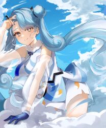 Rule 34 | 1girl, absurdres, bare shoulders, blue gloves, blue hair, blue sky, chouxdb, cloud, creatures (company), detached sleeves, double bun, eyeshadow, flying miku (project voltage), game freak, gloves, gradient hair, hair bun, hand on own forehead, hatsune miku, highres, long hair, looking at viewer, makeup, multicolored hair, nintendo, pokemon, project voltage, see-through, see-through shorts, see-through sleeves, shorts, shorts under shorts, single glove, sky, smile, twintails, very long hair, vocaloid, wind chime