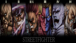 Rule 34 | 1990s (style), 6+boys, akuma (street fighter), bald, beard, black sclera, blonde hair, blue skin, capcom, character name, colored sclera, colored skin, column lineup, copyright name, evil smile, eyebrows, eyepatch, facial hair, gill (street fighter), gouken, grin, highres, m. bison, male focus, multiple boys, mustache, naoki (endofcentury102), pale skin, red eyes, red hair, red skin, retro artstyle, roman numeral, sagat, seth (street fighter), silver hair, smile, street fighter, street fighter ii (series), street fighter iii (series), street fighter iv (series), teeth, thick eyebrows, white eyes, white skin
