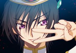 Rule 34 | 1boy, black hair, code geass, creayus, grin, hand up, hat, lelouch vi britannia, long sleeves, looking at viewer, m&amp;m (mickey and mackey), male focus, parted lips, portrait, purple eyes, smile, solo, v, v over eye