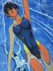 Rule 34 | 1boy, 1girl, backstroke, black hair, black male swimwear, black swim briefs, blue one-piece swimsuit, breasts, check source, competition swimsuit, covered erect nipples, covered navel, dark-skinned female, dark skin, from above, golden boy, hair between eyes, hayami ayuko, highres, kawamoto toshihiro, large breasts, light smile, looking at viewer, looking up, male swimwear, official art, one-piece swimsuit, ooe kintarou, open mouth, partially submerged, pool, resolution mismatch, retro artstyle, scan, short hair, smile, source request, source smaller, submerged, swim briefs, swimming, swimsuit, translation request, two-tone swimsuit, wet, yellow one-piece swimsuit