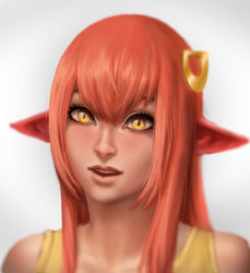 Rule 34 | 10s, 1girl, hair ornament, hairclip, highres, kenneth tham rui yong, lamia, long hair, looking at viewer, miia (monster musume), monster girl, monster musume no iru nichijou, parted lips, pointy ears, portrait, realistic, red hair, scales, shirt, simple background, slit pupils, solo, white background, yellow eyes, yellow shirt