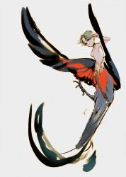 Rule 34 | 1boy, arm up, bird boy, bird tail, bird wings, black choker, choker, claws, closed mouth, feathered wings, flying, full body, green hair, grey background, grey hair, highres, male focus, monster boy, nude, orange wings, original, phieumpratensl, red eyes, short hair, simple background, solo, tail, taur, wings