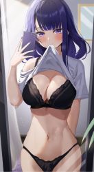 Rule 34 | 1girl, blush, book, braid, breasts, cleavage, clothes in mouth, clothes lift, genshin impact, hair ornament, highres, holding, holding book, large breasts, lifting own clothes, lingerie, long hair, mirror, mole, mole under eye, mouth hold, nail polish, navel, purple eyes, purple hair, raiden shogun, selfie, shirt in mouth, shirt lift, short sleeves, solo, sweat, underwear, yamamoto (ymmt is sexy)