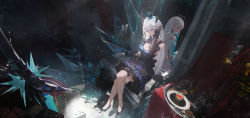 Rule 34 | 1girl, absurdres, blue dress, blue eyes, book, book stack, breasts, bridal garter, candle, cleavage, crossed legs, crown, crystal, cup, different reflection, dress, dutch angle, elbow gloves, gloves, greatsword, grey hair, high heels, highres, indoors, iridescent-usee, long hair, medium breasts, mini crown, mirror, reflection, sitting, solo, sword, teacup, tower of fantasy