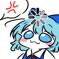 Rule 34 | 1girl, :3, anger vein, blue bow, blue eyes, blue hair, blue vest, blush, bow, buffering, cirno, commentary, flat color, hair bow, loading screen, neck ribbon, red ribbon, ribbon, shirt, simple background, solo, speech bubble, touhou, vest, white background, white shirt, zzul0714