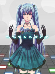 Rule 34 | 1girl, blue hair, blue rose, bow, bracelet, catwhathk, choker, dress, elbow gloves, flower, gloves, hair flower, hair ornament, hatsune miku, jewelry, long hair, necklace, ring, rose, solo, thighhighs, twintails, very long hair, vocaloid