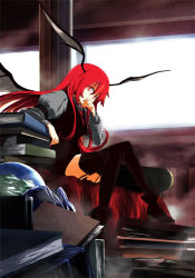 Rule 34 | 1girl, bat wings, black thighhighs, book, embodiment of scarlet devil, female focus, fingernails, garter straps, head wings, high heels, koakuma, lefthand, long hair, looking at viewer, nail polish, red eyes, red hair, shoes, sitting, solo, thighhighs, touhou, wings