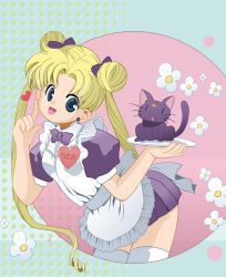 Rule 34 | 1990s (style), apron, bishoujo senshi sailor moon, cat, luna (sailor moon), maid, maid apron, sailor moon, smile, thighhighs, tray, tsukino usagi, zettai ryouiki