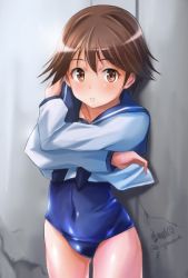 Rule 34 | 1girl, blouse, blue neckerchief, blue one-piece swimsuit, brown hair, clothes lift, cowboy shot, haruhata mutsuki, long sleeves, looking at viewer, military, military uniform, miyafuji yoshika, neckerchief, no pants, one-piece swimsuit, parted lips, school swimsuit, school uniform, shirt, shirt lift, short hair, solo, standing, strike witches, swimsuit, uniform, white shirt, world witches series