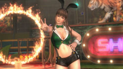 Rule 34 | 1girl, 3d, animal ears, breasts, dead or alive, dead or alive 5, hitomi (doa), large breasts, midriff, navel, official art, rabbit ears, smile, solo, tiger, v