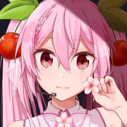 Rule 34 | 1girl, :3, braid, cherry hair ornament, flower, food-themed hair ornament, hair between eyes, hair ornament, hatsune miku, headset, highres, holding, holding flower, long hair, looking at viewer, microphone, nail polish, pink hair, pink nails, portrait, red eyes, sakura miku, single braid, smile, so ra 01 02, solo, twintails, vocaloid, white flower, wing collar