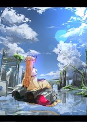 Rule 34 | 1girl, cloud, day, female focus, garnet, hat, highres, landscape, letterboxed, reflection, reflective water, ruins, scenery, solo, touhou, traffic light, water, yakumo yukari