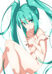 Rule 34 | 1girl, :/, aqua eyes, aqua hair, breasts, closed mouth, collarbone, covering privates, covering breasts, crossed arms, domo1220, hair between eyes, hatsune miku, long hair, looking at viewer, navel, nude, sketch, small breasts, solo, twintails, very long hair, vocaloid, white background