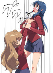 Rule 34 | 00s, 2girls, a1 (initial-g), aisaka taiga, angry, blouse, blue hair, blush, breast lift, breasts, brown hair, buttoned cuffs, buttons, flat chest, from side, frown, grabbing, grabbing another&#039;s breast, holding another&#039;s wrist, kawashima ami, large breasts, legs apart, lifting person, long hair, miniskirt, multiple girls, pain, pleated skirt, school uniform, shirt, simple background, skirt, standing, strangling, tears, teeth, toradora!, upper teeth only, v-shaped eyebrows, wavy hair, white background, white shirt