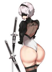 Rule 34 | 1girl, android, ass, back, back cutout, blindfold, caffein, clothing cutout, from behind, hairband, huge ass, katana, leotard, nier (series), nier:automata, shiny skin, short hair, silver hair, smile, solo, sword, thighhighs, weapon, 2b (nier:automata)