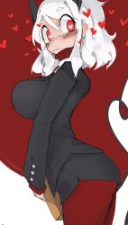 Rule 34 | 1girl, ass, black horns, black skirt, black suit, blush, book, breasts, business suit, curly hair, demon girl, demon horns, demon tail, fangs, fingernails, formal, from above, heart, heart-shaped pupils, helltaker, highres, holding, holding book, horns, large breasts, long sleeves, looking to the side, medium hair, mikozin, miniskirt, modeus (helltaker), own hands together, pantyhose, red eyes, red pantyhose, red sweater, ribbed shirt, shirt, short hair, simple background, skirt, sleeves past wrists, solo, standing, suit, sweater, symbol-shaped pupils, tail, turtleneck, white hair