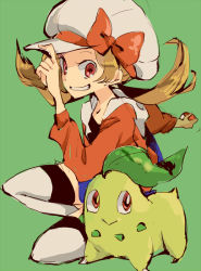 Rule 34 | 00s, 1girl, bow, brown hair, chikorita, creature, creatures (company), game freak, gen 2 pokemon, green theme, grin, hat, hat bow, hat ribbon, holding, holding poke ball, kneeling, looking at viewer, lyra (pokemon), nintendo, poke ball, pokemon, pokemon (creature), pokemon hgss, red eyes, red ribbon, ribbon, shinoasa, simple background, smile, thighhighs, twintails, white thighhighs