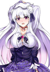 Rule 34 | 1girl, arms behind head, azur lane, blush, breasts, brooch, cleavage, collar, collarbone, corset, cygnet (azur lane), cygnet (retrofit) (azur lane), double bun, fashion, hair bun, hair ornament, hat, highres, jewelry, large breasts, long hair, long sleeves, looking at viewer, lying, open mouth, plaid, purple eyes, setu (shining12), shirt, simple background, skirt, solo, white background, white shirt