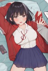 Rule 34 | 1girl, ahoge, arm behind head, black hair, blue skirt, blunt bangs, blush, brown eyes, cellphone, charger, collared shirt, cowboy shot, hair ornament, hairclip, highres, jacket, long sleeves, looking at viewer, lower teeth only, lying, motion lines, neck ribbon, on back, open clothes, open jacket, open mouth, original, phone, pillow, pleated skirt, pov, red jacket, ribbon, school uniform, shirt, shirt tucked in, short hair, skirt, sleeve cuffs, sleeves past wrists, smartphone, solo focus, striped clothes, striped jacket, teeth, track jacket, uiri-na, white shirt, wing collar, zipper
