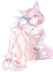 Rule 34 | 1girl, :3, absurdres, animal ear fluff, animal ears, antenna hair, bikini, blush, braid, breasts, bust cup, chemical structure, choker, cleavage, flower choker, flower collar, frilled bikini, frilled choker, frills, glasses, hakui koyori, hakui koyori (summer), head tilt, highres, holding, holding test tube, hololive, hood, hoodie, knees up, lab coat, licking lips, looking at viewer, medium breasts, medium hair, null suke, open clothes, open hoodie, pearl choker, pink hair, pink nails, pink tail, pink trim, platform footwear, purple eyes, red-framed eyewear, sandals, sitting, smile, solo, swimsuit, tail, test tube, tongue, tongue out, transparent background, two-tone choker, virtual youtuber, wolf ears, wolf girl, wolf tail