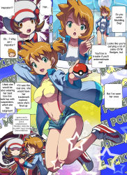 Rule 34 | 00s, 1990s (style), 2girls, alternate costume, alternate hairstyle, breasts, brown hair, cabbie hat, comic, competition swimsuit, covered erect nipples, creatures (company), denim, denim shorts, game freak, green eyes, gym leader, hand on own hip, hat, hat ribbon, highres, hip focus, holding, holding poke ball, lyra (pokemon), makoto daikichi, misty (pokemon), multiple girls, nintendo, one-piece swimsuit, overalls, panties, poke ball, pokemon, pokemon (anime), pokemon gsc, pokemon hgss, ponytail, red ribbon, retro artstyle, ribbon, shoes, short hair, short twintails, shorts, side ponytail, sneakers, suspenders, swimsuit, twintails, unbuttoned, underboob, underwear, unzipped