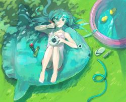 Rule 34 | *kekan, 1girl, aqua eyes, aqua hair, bad id, bad pixiv id, barefoot, eating, fish, from above, grass, hatsune miku, highres, keipomjp, kekan, knees to chest, long hair, lying, on back, pool, shorts, solo, sunfish, twintails, vocaloid, wading pool
