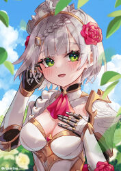 Rule 34 | 1girl, absurdres, black gloves, blue sky, blush, breasts, cleavage, cloud, flower, genshin impact, gloves, green eyes, hair flower, hair ornament, hand on own chest, highres, large breasts, leaf, light smile, looking at viewer, noelle (genshin impact), open mouth, red flower, red rose, red scarf, rose, rurerine, scarf, sky, smile, solo, upper body, white flower, white hair, white headwear