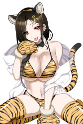 Rule 34 | 1girl, :p, animal ears, animal hands, animal print, bikini, black bow, black bowtie, black hair, bow, bowtie, breasts, brown eyes, chinese zodiac, cleavage, closed mouth, collar, commentary, detached collar, fake animal ears, fake tail, gloves, hair ornament, hairclip, halterneck, kneeling, koishikawa, large breasts, long hair, looking at viewer, navel, nijisanji, paw gloves, paw pose, print bikini, print gloves, print thighhighs, shawl, shirayuki tomoe, side-tie bikini bottom, simple background, smile, solo, swept bangs, swimsuit, tail, thighhighs, tiger ears, tiger print, tiger tail, tongue, tongue out, virtual youtuber, white background, white collar, wing collar, year of the tiger, yellow bikini, yellow gloves, yellow thighhighs