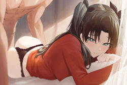 Rule 34 | 1boy, 1girl, absurdres, aqua eyes, ass, bed sheet, behind another, black hair, black panties, black ribbon, breasts, closed mouth, curtains, fate/stay night, fate (series), hair ribbon, highres, long hair, long sleeves, looking at viewer, lying, no pants, on stomach, panties, raised eyebrows, red sweater, ribbon, rororo, solo focus, sweater, tohsaka rin, toned, toned male, two side up, underwear