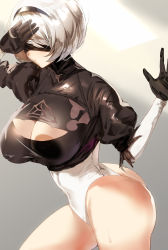 Rule 34 | 1girl, absurdres, arm up, ass, bad id, bad pixiv id, black blindfold, black gloves, blindfold, breast cutout, breasts, covered navel, gloves, highres, large breasts, leotard, mole, mole under mouth, nier:automata, nier (series), okki (studio okki), parted lips, puffy sleeves, short hair, solo, sweat, turtleneck, white hair, white leotard, 2b (nier:automata)