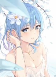 Rule 34 | 1girl, alternate costume, alternate hairstyle, arm at side, bare arms, bare shoulders, blue eyes, blue hair, blurry, blurry foreground, blush, bracelet, breasts, camisole, cleavage, collarbone, earrings, envyvanity, eyelashes, flower, hair between eyes, hair flower, hair ornament, tucking hair, hand in own hair, hand up, hololive, hoshimachi suisei, jewelry, long hair, looking at viewer, necklace, parted lips, sidelocks, simple background, sleeveless, small breasts, solo, spaghetti strap, star (symbol), star in eye, star necklace, strap slip, stud earrings, symbol in eye, teeth, upper body, virtual youtuber, water, water drop, white background, white camisole, white flower