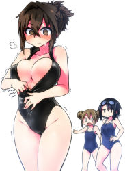 Rule 34 | 0 0, 3:, 3girls, black hair, blush, breasts, brown eyes, brown hair, cleavage, competition school swimsuit, curvy, double bun, front zipper swimsuit, frown, goggles, goggles on head, hair bun, hand on own hip, highres, kagami ryouko, kanayama nao, large breasts, meme attire, multiple girls, one-piece swimsuit, open mouth, original, sasashigure miyo, school swimsuit, short hair, simple background, skindentation, sweat, swimsuit, thigh gap, trembling, unzipped, white background, wide hips, yoshida hideyuki
